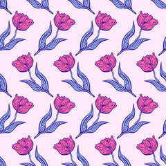 Floral seamless pattern. Isolated bloom tulips. Beautiful botanical repeat texture with flowers for print, fabric, textile, wallpaper in soft colors. Hand drawn ink illustration in line art style.