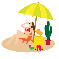 Vacation. Travel. Beautiful young woman relaxing on beach chair. Flat design illustration