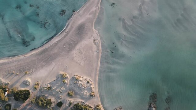 Top down aerial view of Elafonissi beach , Crete Island. Clear emerald sea water.