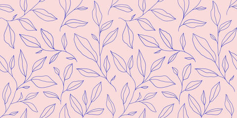 Naklejka na ściany i meble Seamless pattern with one line leaves. Vector floral background in trendy minimalistic linear style.