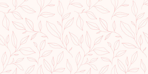 Seamless pattern with one line leaves. Vector floral background in trendy minimalistic linear style.