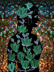 Abstract mixed media Mother Nature silhouette design. Watching hand painted flowers in a silhouette of a woman against gemstone background. Beautiful precious nature