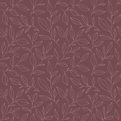 Seamless pattern with one line leaves. Vector floral background in trendy minimalistic linear style.