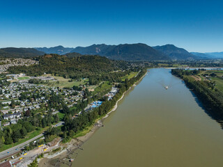 Stock Aerial Photo of Mission on the Fraser River Mission BC, Canada - obrazy, fototapety, plakaty