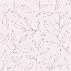 Seamless pattern with one line leaves. Vector floral background in trendy minimalistic linear style.