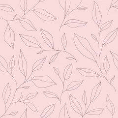 Foto op Plexiglas Lichtroze Naadloos patroon met één lijnbladeren. Vector bloemenachtergrond in trendy minimalistische lineaire stijl.