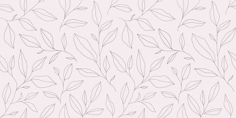 Fototapeta premium Seamless pattern with one line leaves. Vector floral background in trendy minimalistic linear style.