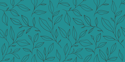 Seamless pattern with one line leaves. Vector floral background in trendy minimalistic linear style.