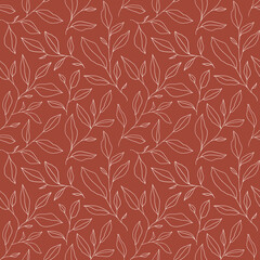 Fototapeta premium Seamless pattern with one line leaves. Vector floral background in trendy minimalistic linear style.