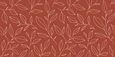 Fototapeta premium Seamless pattern with one line leaves. Vector floral background in trendy minimalistic linear style.