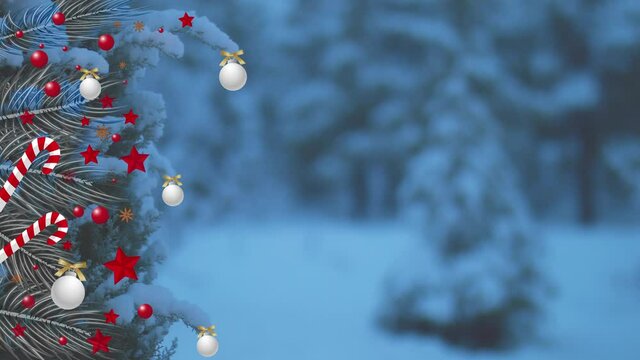 Animated Decorative Christmas hanging design elements decorations and rotating on a rope. Snowing weather in the background. Christmas motion design template for Christmas and new year designs.