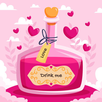 Love potion flat vector illustration design with liquid heart chemical bottle for romance concept and vintage style