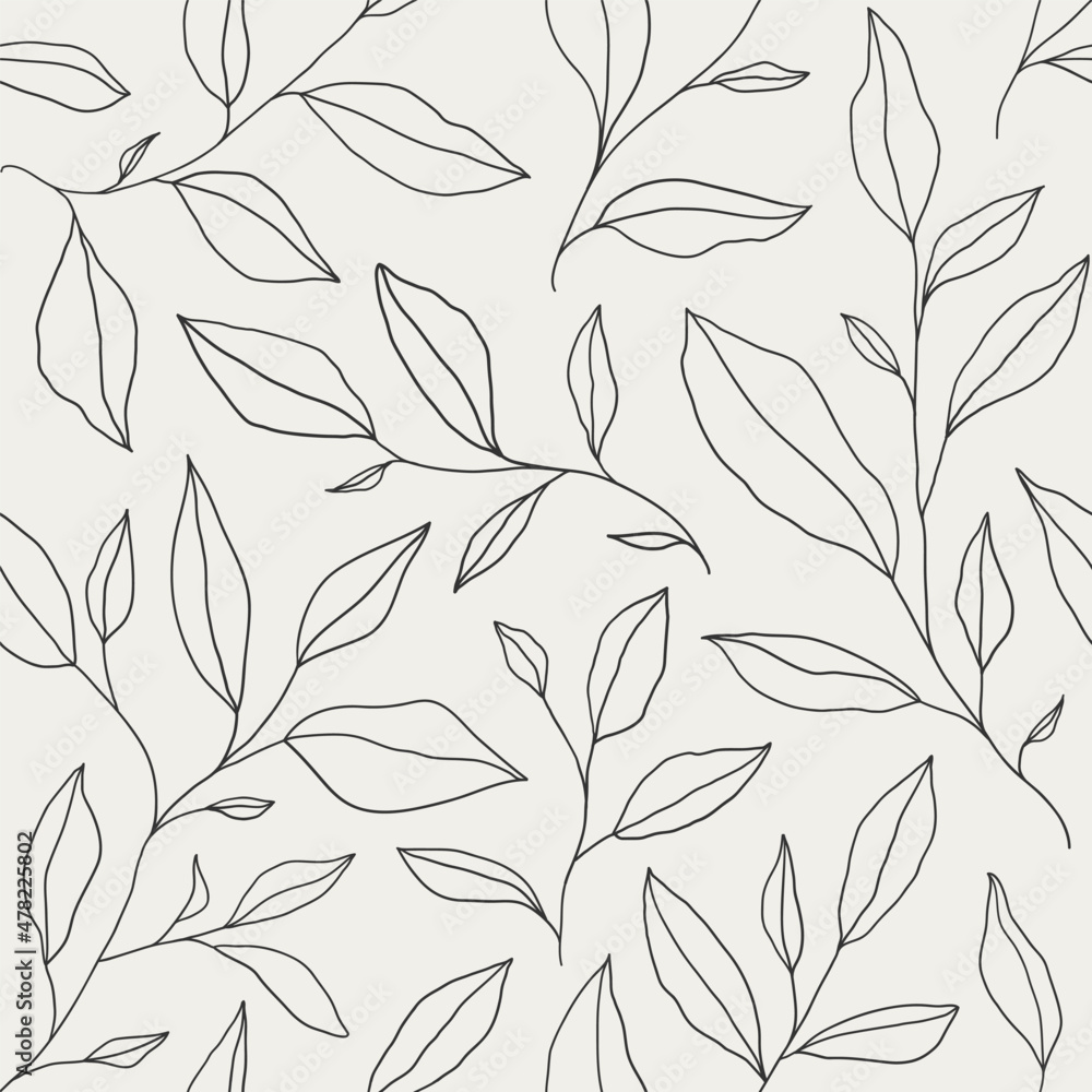 Wall mural seamless pattern with one line leaves. vector floral background in trendy minimalistic linear style.