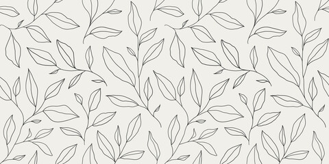Seamless pattern with one line leaves. Vector floral background in trendy minimalistic linear style. - obrazy, fototapety, plakaty