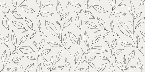Wall murals Black and white Seamless pattern with one line leaves. Vector floral background in trendy minimalistic linear style.
