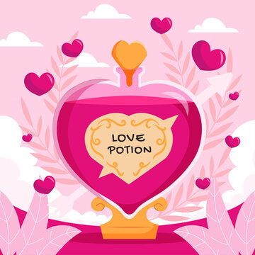 Love potion flat vector illustration design with liquid heart chemical bottle for romance concept and vintage style