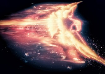 宇宙空間を羽ばたく光の鳥のイラスト