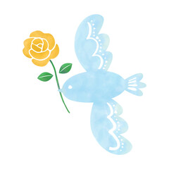 黄色い薔薇の花を運ぶ青い鳥　水彩タッチの手描きのイラスト