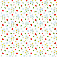 Seamless pattern with cute strawberries and white chamomile flowers. Spring flowers. Vector illustration of berries in a minimalistic flat style, hand-drawn. Print for textiles.
