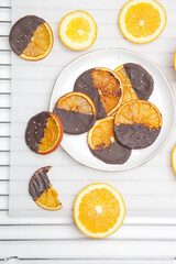 Dark chocolate dipped dry orange slices