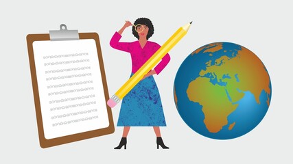 Woman with pencil, notebook and globe of Planet Earth. Vector illustration. EPS10. Dimension 16:9.