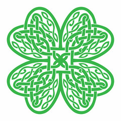 Four-leaf clover shaped knot made of Celtic heart shape knots, green silhouette, celtic style tattoo. Isolated vector illustration