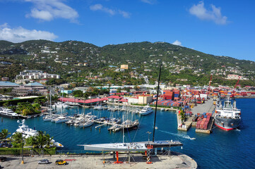Aerial view of Marina and shipping dock near Crown Bay, St. Thomas, US Virgin Islands.