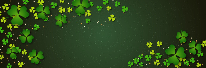 St.Patrick's Day vector banner template. Green background with colorful clover leaves