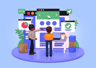 3d render of scene with people standing near big web page. Web app development, coding concept