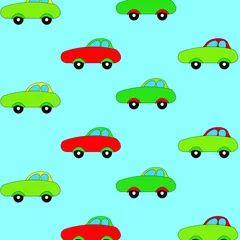 Zelfklevend Fotobehang Autorace Patroon van veelkleurige schattige auto& 39 s op een monochrome achtergrond. Cartoon auto& 39 s voor kleine kinderen sjabloon, ontwerp voor kinderen
