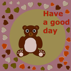 Cartoon bear on a monochrome background with hearts. cute little toy, design for children