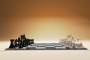 Beginning of the game, Two chess teams in front of different color white and black on the chessboard, marketing strategy
