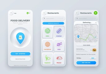 Neumorphic food order and delivery application interface. Vector ui, ux or gui of mobile app touch screen of fast food restaurant or cafe online order service, registration, search, menu page - obrazy, fototapety, plakaty