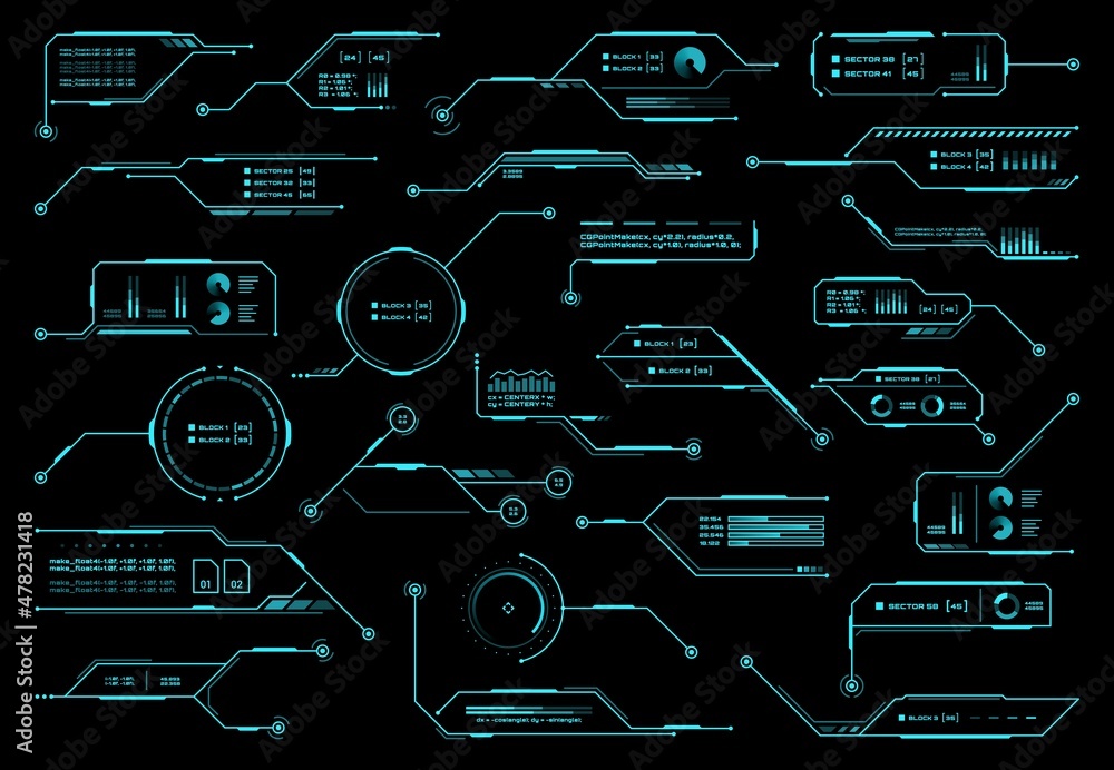 Leinwandbilder HUD futuristic display and screen, info boxes, ui interface. Vector callout titles, information call bars and digital tech style neon design elements for game or user app on black background set