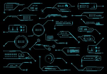 HUD futuristic display and screen, info boxes, ui interface. Vector callout titles, information call bars and digital tech style neon design elements for game or user app on black background set