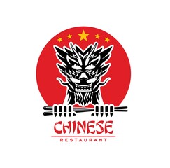 Chinese cuisine restaurant, dragon head and sticks, vector Asian bar emblem. Chinese cafe and authentic gourmet restaurant sign with dragon and noodles chopsticks on Chinese flag
