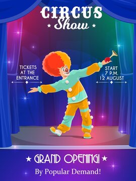 Shapito circus vector poster with cartoon clown on stage of amusement park or funfair. Jester or harlequin clown character with red nose, funny shoes, wig and horn presenting new carnival show