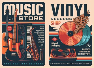 Vinyl records and music store retro posters. Vintage music records shop, musical instruments and equipment store vector banners with guitars, MIDI keyboard and saxophone, vinyl disks turn table - obrazy, fototapety, plakaty