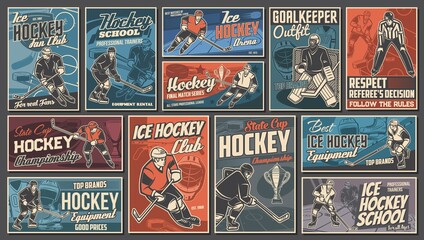 Hockey players. Ice hockey sport vintage posters and banners. Championship game, sport club or team and hokey outfit shop vector retro banners with player shooting puck, goalkeeper and referee