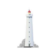 Lighthouse building vector icon with ocean or sea light house tower and marine beach rocks. Isolated nautical navigation beacon with searchlight lantern and red dome, maritime navigation safety