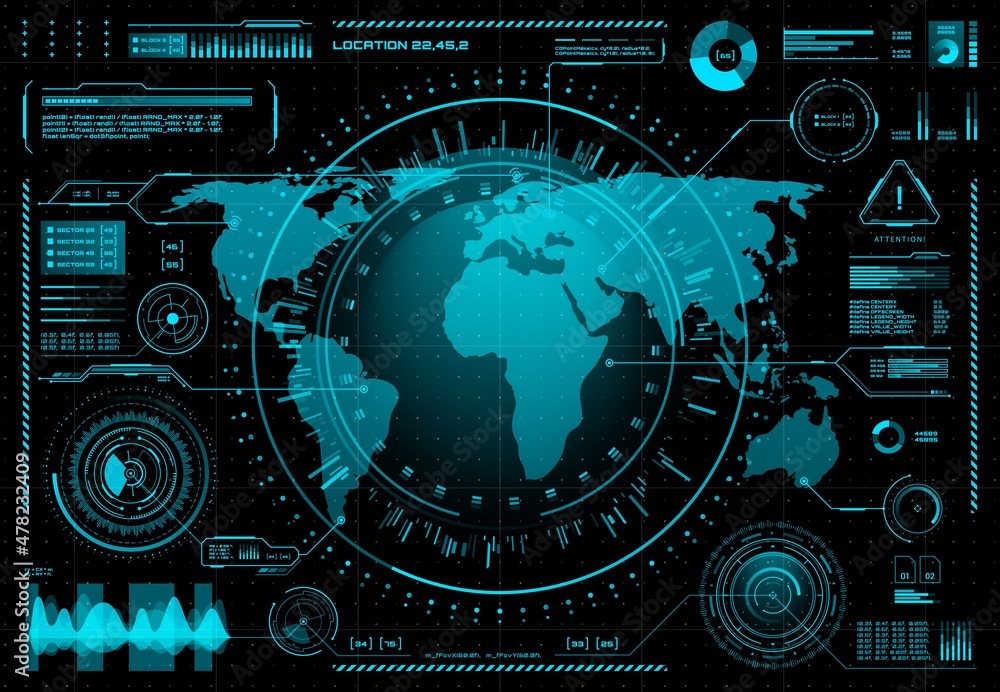 Leinwandbilder HUD ui futuristic user interface. Vector world map and business data charts. Digital screen of head up display dashboard panel, blue holograms of circular diagram, statistic graphs, warning signs