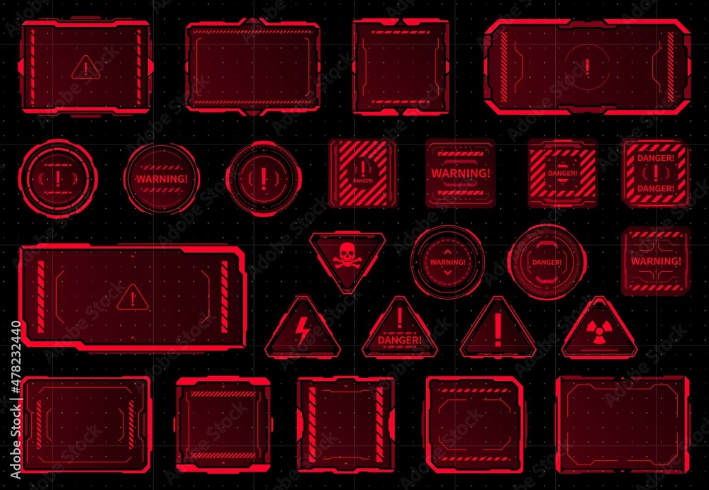 Aufkleber HUD danger, warning and alert attention red vector frames or signs. Sci Fi game interface hologram screens with hazard warning and caution messages, skulls, exclamation, radiation, high voltage sign