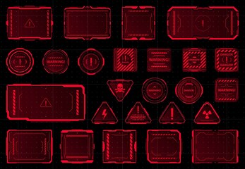 HUD danger, warning and alert attention red vector frames or signs. Sci Fi game interface hologram screens with hazard warning and caution messages, skulls, exclamation, radiation, high voltage sign - obrazy, fototapety, plakaty