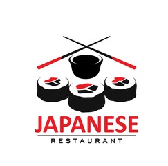 Japanese cuisine restaurant icon with rolls, soy sauce and sticks. Asian country food restaurant, japanese cafe vector emblem, icon with Hosomaki sushi rolls and crossed chopsticks