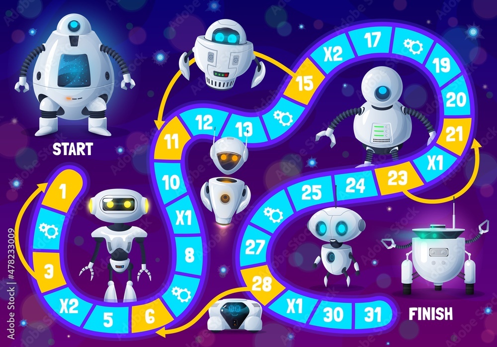 Poster Kids board game with cartoon robots, androids and cyborgs, vector tabletop puzzle background. Kids cartoon track and move maze boardgame for dice with droid robots, chatbots and space drones