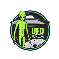 Ufo area icon with green alien and flying saucer over Earth planet. Space research vector emblem with extraterrestrial comer with huge eyes and interstellar shuttle retro label. Alien cosmic creature © Vector Tradition