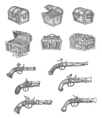 Vintage isolated pirate chest and musket gun vector sketches. Hand drawn pirate treasure chests or boxes full of gold coins and jewelry with locks, old pistols, musketoon and blunderbuss weapon