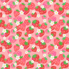 水彩タッチのイチゴ・花　シームレスパターン（ピンク背景）