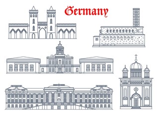 Germany architecture, Potsdam landmarks, palaces and churches, travel vector buildings. Friedenskirche Church of Peace, Alexander Nevsky Memorial, Potsdamer Stadtschloss, Marmorpalais and Nauener Tor © Vector Tradition