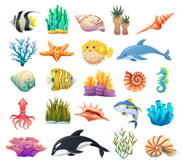 Set of fish, sea animals, seashells, and coral reef cartoon illustration